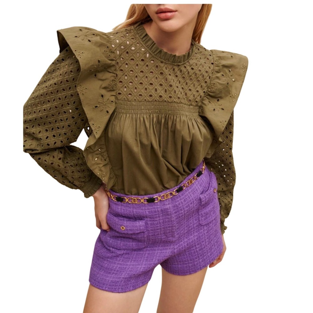Maje Blouse Large Embroidered Ruffles Cotton Olive Green Long Sleeve Boho French
